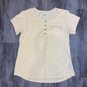 Kuhl Women's Henley Striped Trista Short Sleeve Top Butter Yellow Size Large